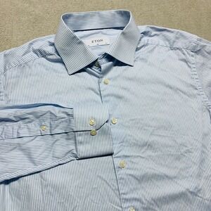 Eton Men's Slim Dress Shirt 42 16.5 Blue White Striped Button Up